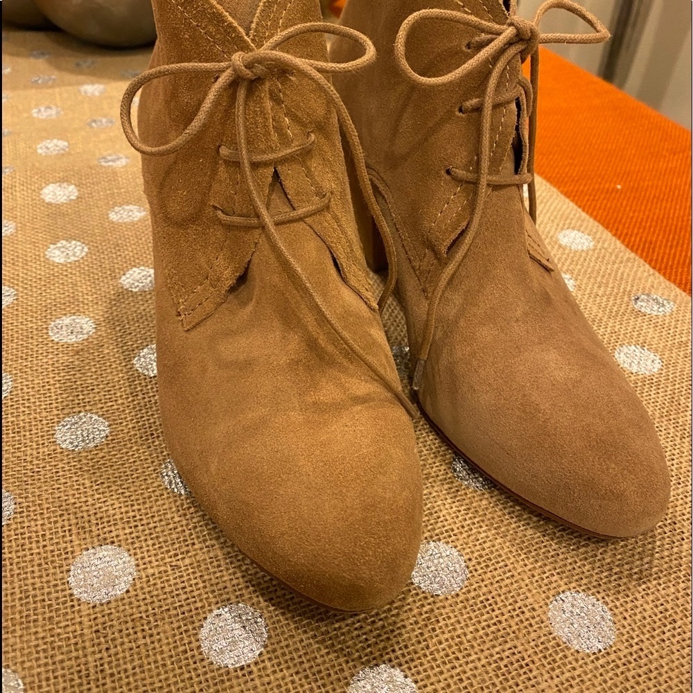 BCBG Beige Block Heel Tie Booties